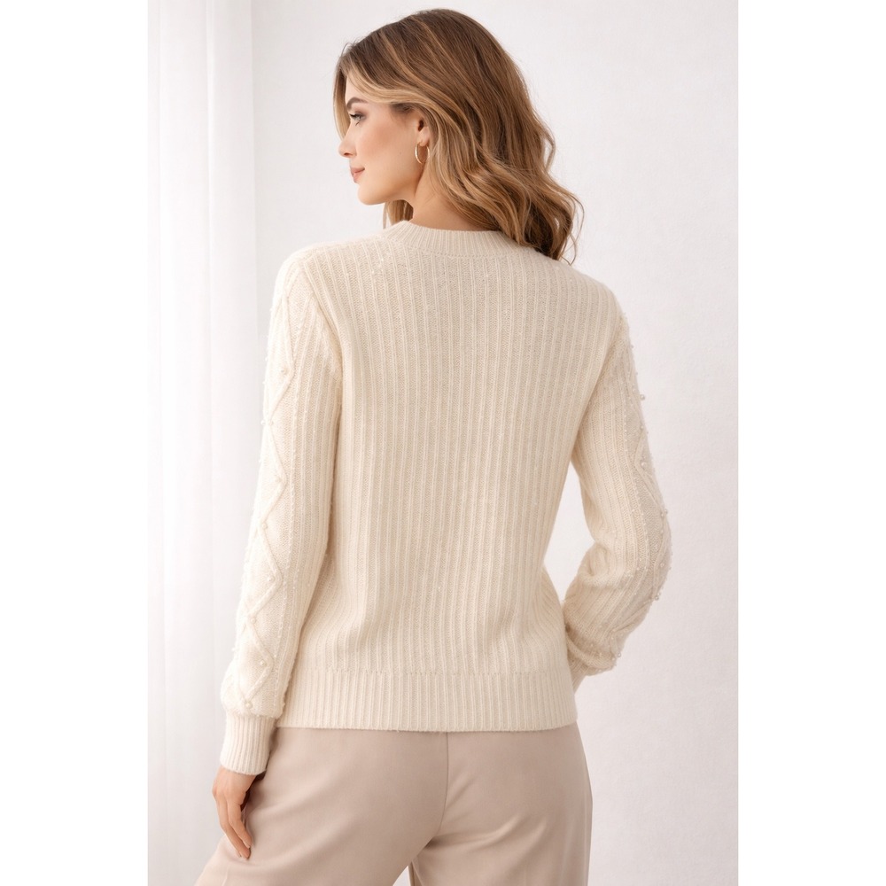 C by Bloomingdales 2 Ply Cashmere Sweater Womens XS Ivory Pearl Embellished - Picture 7 of 14